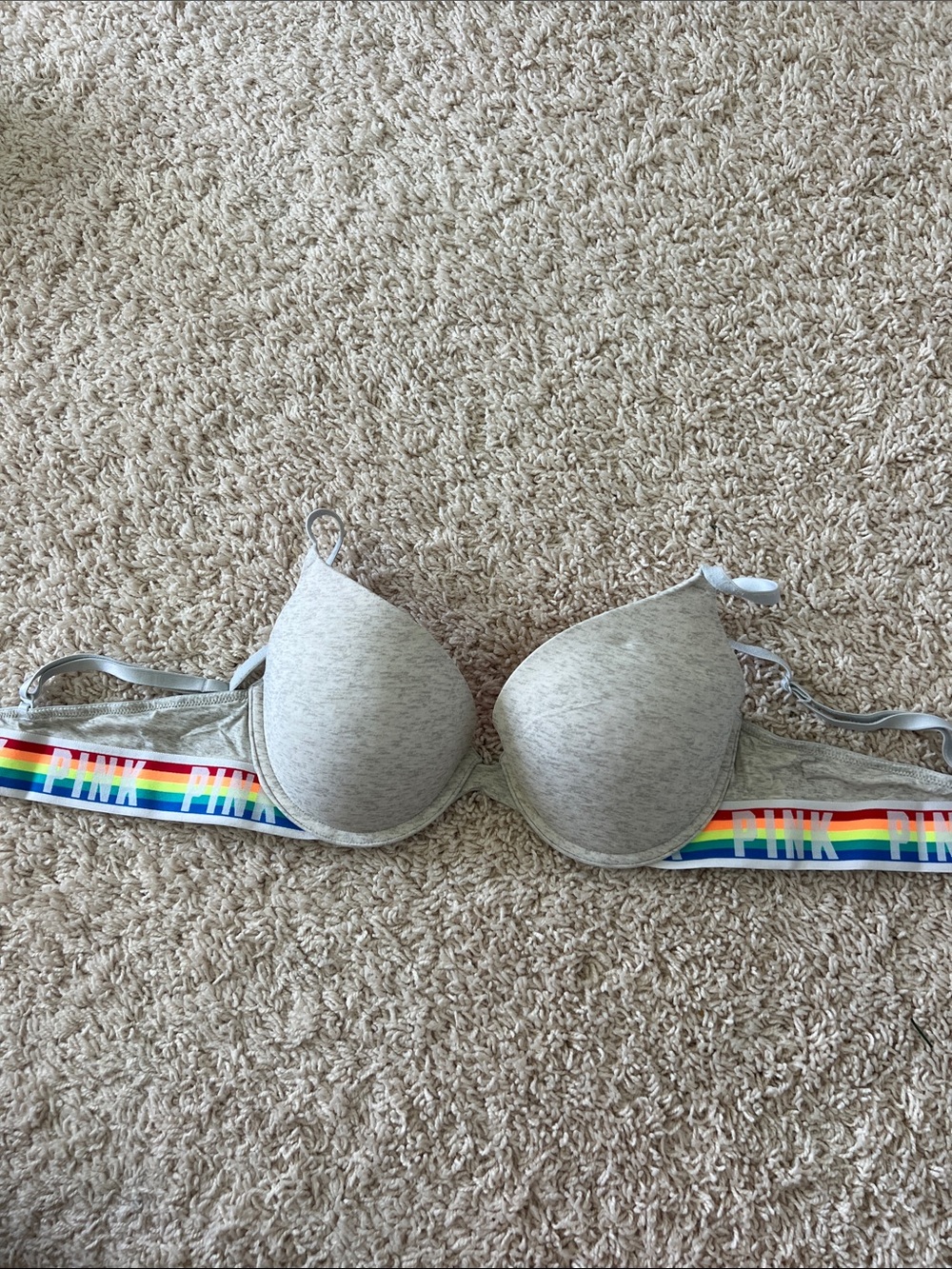 PINK Victoria's Secret Heather Gray wear everywhere Bra with Rainbow Logo Band